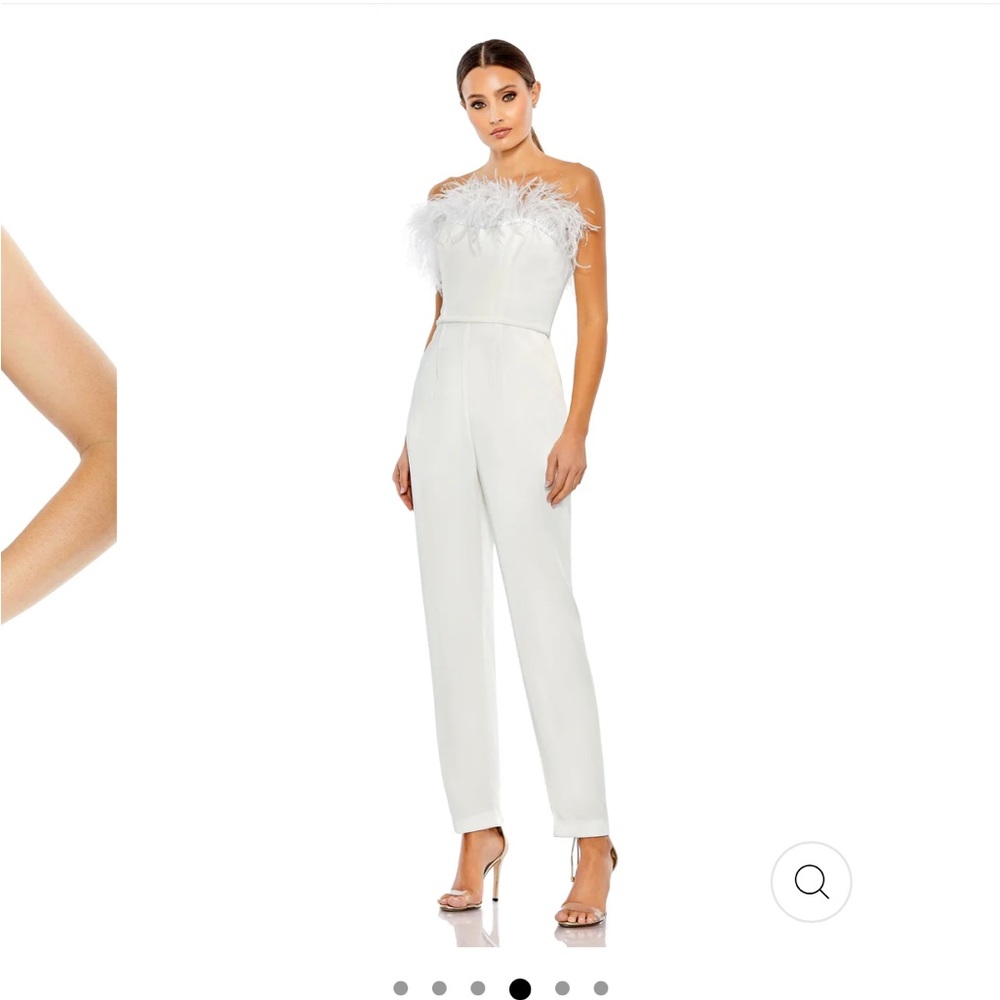 Mac Duggal White Strapless Feather-Trim Jumpsuit